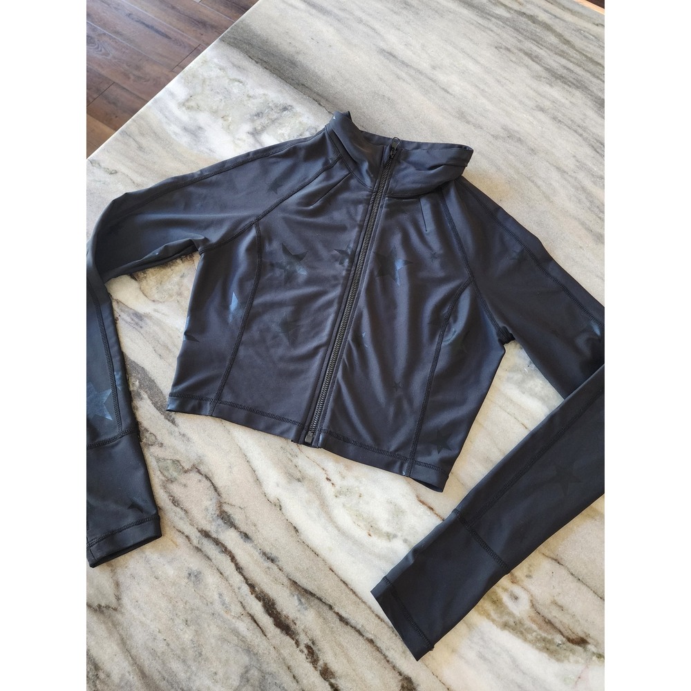 Mono B Womens Black Star Print Cropped Full Zip Active Jacket Small